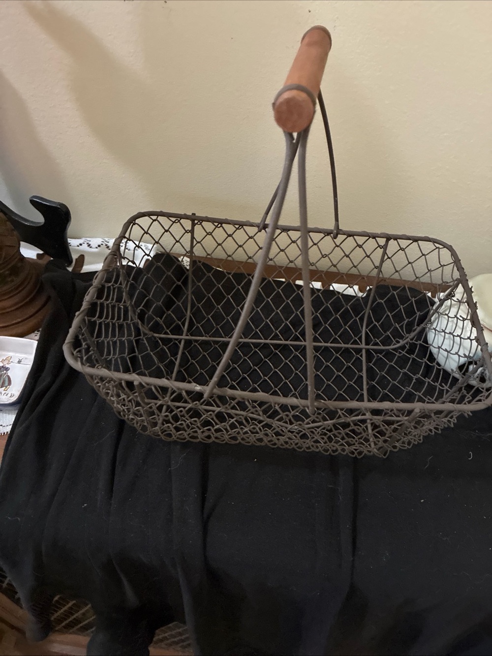 Vintage-Style Brown Wire Basket with Wooden Handle